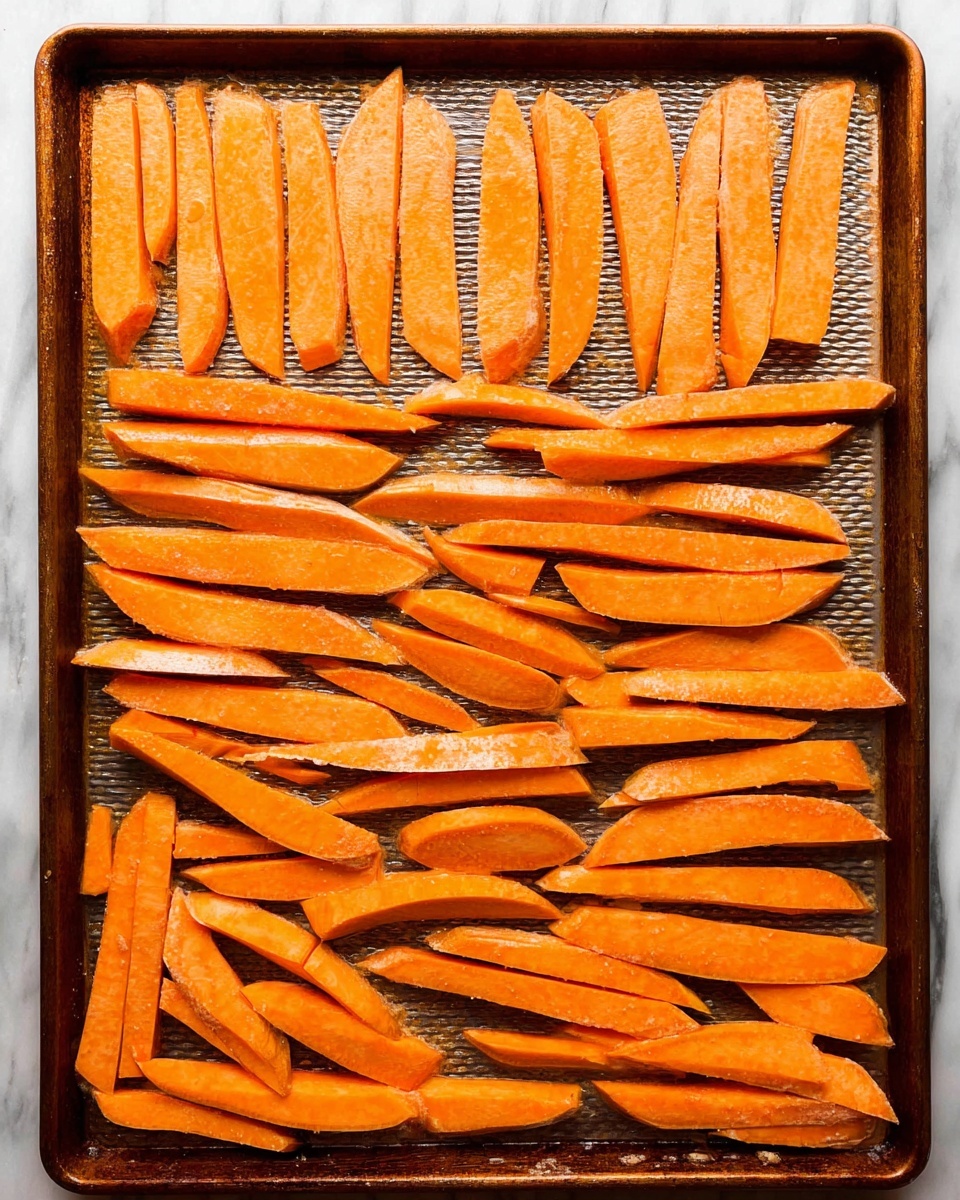 A baking tray fully covered with evenly spaced slices of sweet potato, each slice thin and long, showing a bright orange color with a slightly glossy texture from light oil coating, arranged in neat rows across the tray with some slices slightly tilted, the tray has a textured metal surface beneath the sweet potatoes, all set against a white marbled background photo taken with an iphone --ar 4:5 --v 7