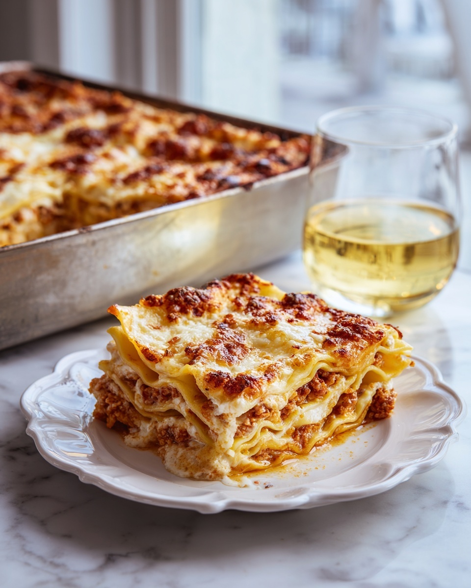 A serving of layered lasagna sits on a white plate with a scalloped edge, showing about five layers of golden-brown, crisp pasta sheets interspersed with creamy filling and melted cheese, topped with browned bits. The layers have a mix of light yellow pasta and slightly darker browned edges. Next to the plate is a small glass filled with a light yellow drink. In the background, a metal baking pan holds the remaining lasagna, with the top layer browned and bubbly. The scene is set on a white marbled surface near a window, with soft natural light coming in. Photo taken with an iphone --ar 4:5 --v 7