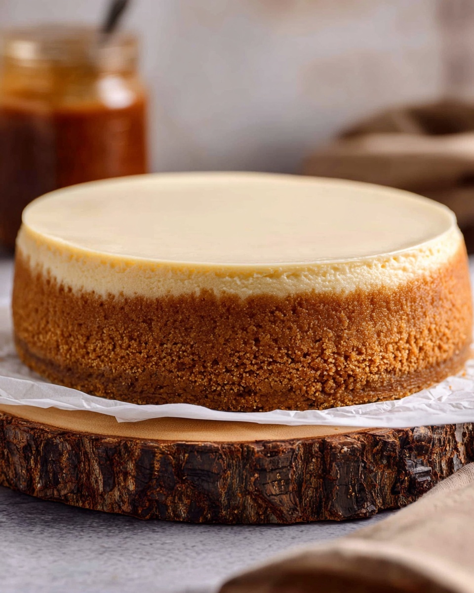 The image shows a round cheesecake with two layers. The bottom layer is thick and crumbly with a golden brown color, forming the crust. The top layer is smooth and creamy, in a pale off-white color, covering the entire surface evenly. The cheesecake sits on a piece of white parchment paper that rests on a rustic wooden board with rough bark edges. In the background, there is a blurred jar with a brown substance and a faint white marbled textured surface. photo taken with an iphone --ar 4:5 --v 7