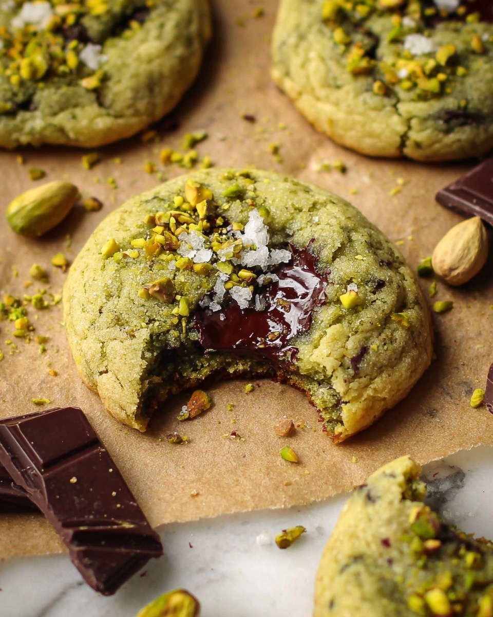 The image shows a close-up of a greenish-brown cookie with a soft texture, broken to reveal a dark melted chocolate center inside. The cookie is topped with crushed yellow-green pistachio bits and some white flakes, scattered lightly on top. Around the main cookie, there are pieces of dark chocolate and whole pistachio nuts on a lightly browned paper surface. In the background, parts of two more cookies with a similar color and texture are partly visible. The overall color palette includes greenish-brown, dark chocolate brown, yellow-green, and white accents on a white marbled surface. Photo taken with an iphone --ar 4:5 --v 7