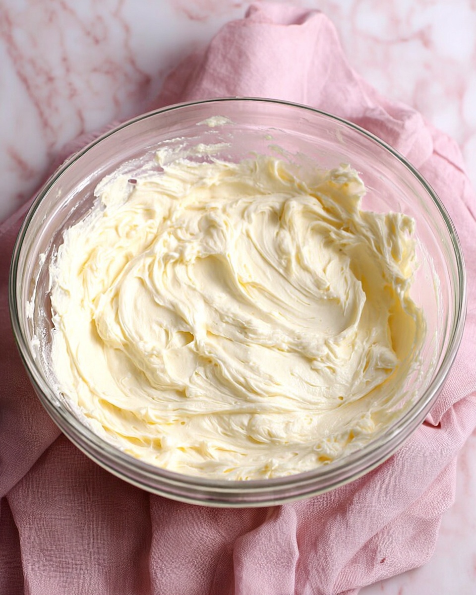 A clear glass bowl filled with thick, creamy, pale yellow batter or frosting that has smooth, soft swirls and a slightly glossy texture. The bowl sits on a light pink cloth, and the whole scene is set on a white marbled surface. The mixture looks rich and smooth with some gentle folds and peaks visible on top photo taken with an iphone --ar 4:5 --v 7