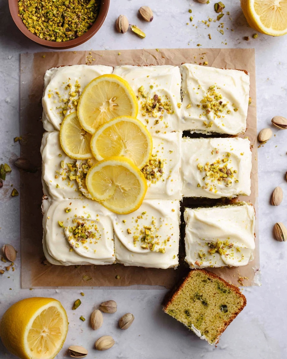 A square cake is cut into eight pieces and topped with a thick layer of white cream frosting that has a smooth and slightly swirled texture. On the top left corner, four thin lemon slices overlap each other, adding a bright yellow contrast. The frosting is sprinkled with small yellow and green crushed pistachios for texture and color. The cake's inside shows a greenish layer, visible in the single separated piece at the bottom right. Around the cake, there are scattered whole pistachios and half a lemon placed on a white marbled surface. A small brown bowl with crushed pistachios is near the top left of the cake. Photo taken with an iphone --ar 4:5 --v 7