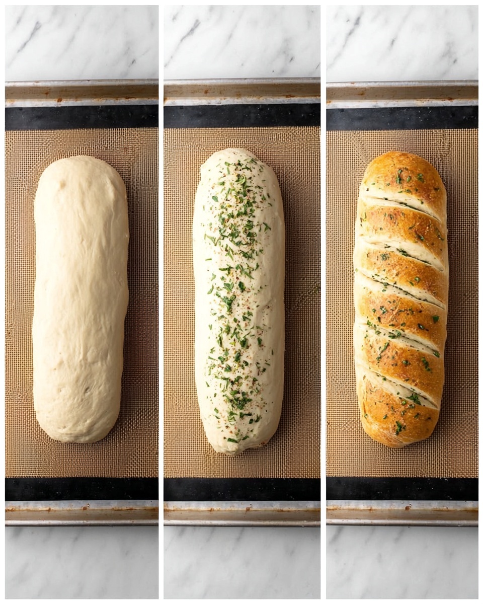 The image shows a sequence of three photos of a bread dough log on a baking tray with a silicone mat on a white marbled surface. In the first photo, a smooth, pale, uncooked bread dough is rolled into a thick, rounded rectangle shape lying lengthwise on the tray. The second photo shows the same dough now sprinkled evenly with chopped herbs and small cuts made diagonally along the top surface, still raw. The third photo displays the bread baked to a golden brown, with the herb sprinkles slightly darkened and the cuts opened up, revealing a soft interior texture. The bread has a warm, crusty look and is centered on the tray. Photo taken with an iphone --ar 4:5 --v 7