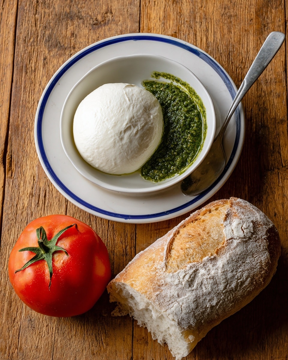 A white bowl with a blue edge holds a single large ball of soft white cheese with a smooth surface, placed near the top left. To the right of the bowl, a silver spoon is filled with green pesto sauce, resting diagonally on the wooden surface. Below the bowl and spoon, there is a chunk of white bread with a light, flour-dusted crust, and to its left lies a red tomato with ribbed texture and green stem. Everything is arranged on a wooden background. Photo taken with an iphone --ar 4:5 --v 7