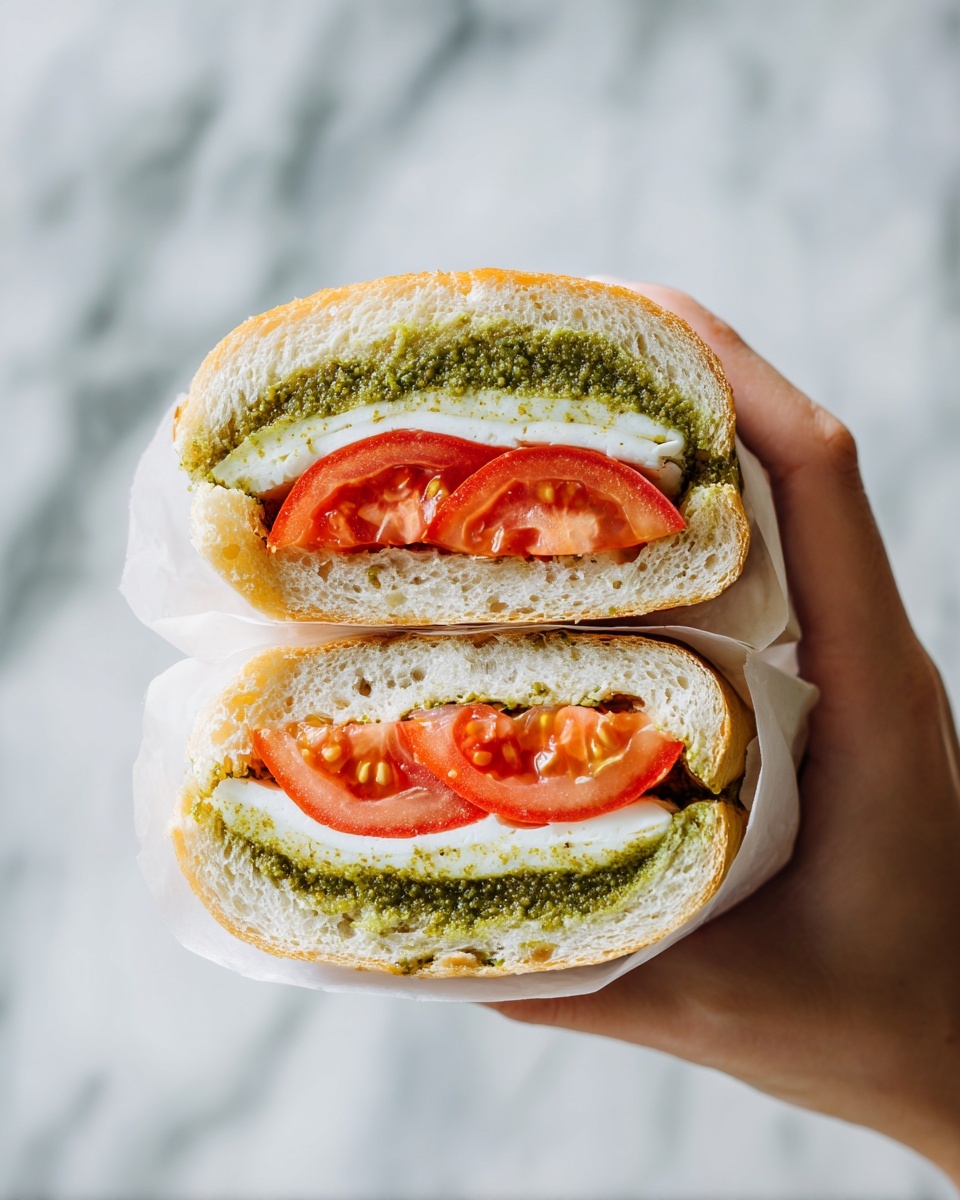 A woman's hand holds a sandwich split in half, showing layers inside a white baguette. The bottom layer is a thick green pesto spread with a rough texture, above it is a creamy white cheese layer that looks soft and smooth. On top of the cheese are slices of ripe red tomato with a juicy texture. The sandwich is held close to the camera with a white marbled surface blurred in the background. Photo taken with an iphone --ar 4:5 --v 7