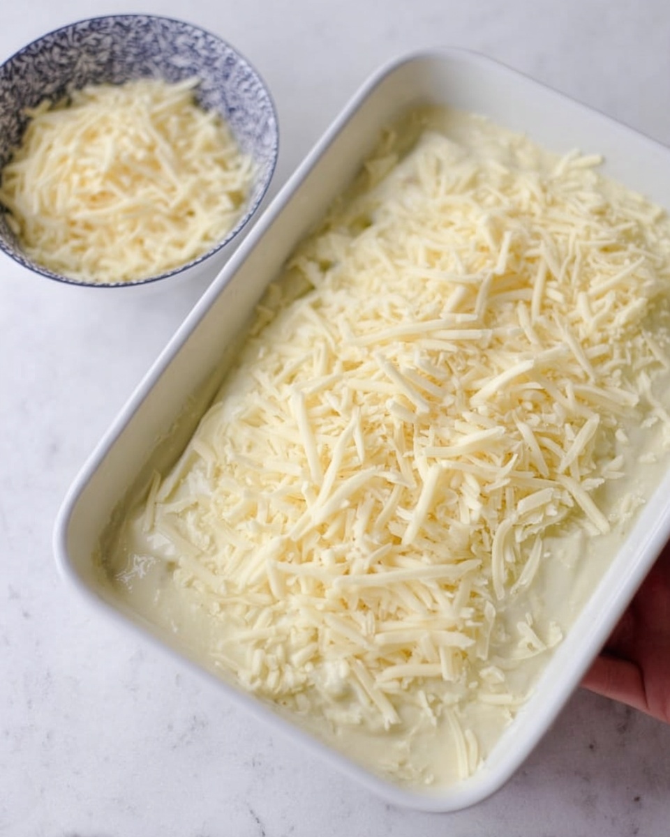 The image shows a white rectangular baking dish filled with a creamy, light beige sauce that covers the entire bottom layer. On top of the sauce, there is a thick layer of shredded pale yellow cheese spread evenly, with some cheese slightly piled up near the edges. Next to the dish, there is a small white bowl with blue patterns filled with more shredded cheese. The dish and bowl are placed on a white marbled surface. A woman's hand is partially visible, holding the bowl. photo taken with an iphone --ar 4:5 --v 7