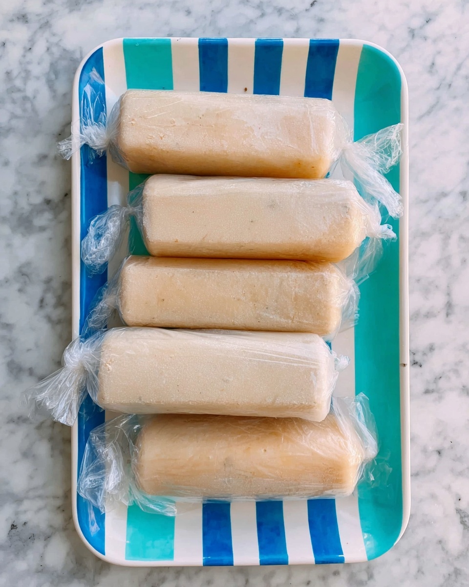 The image shows a white tray with blue and turquoise stripes holding six light beige frozen tubes wrapped in clear plastic, each tube tied on both ends with plastic knots. The tubes have a smooth and firm texture and are arranged in two layers, with four on the bottom and two stacked on top. The tray is placed on a white marbled textured surface. photo taken with an iphone --ar 4:5 --v 7