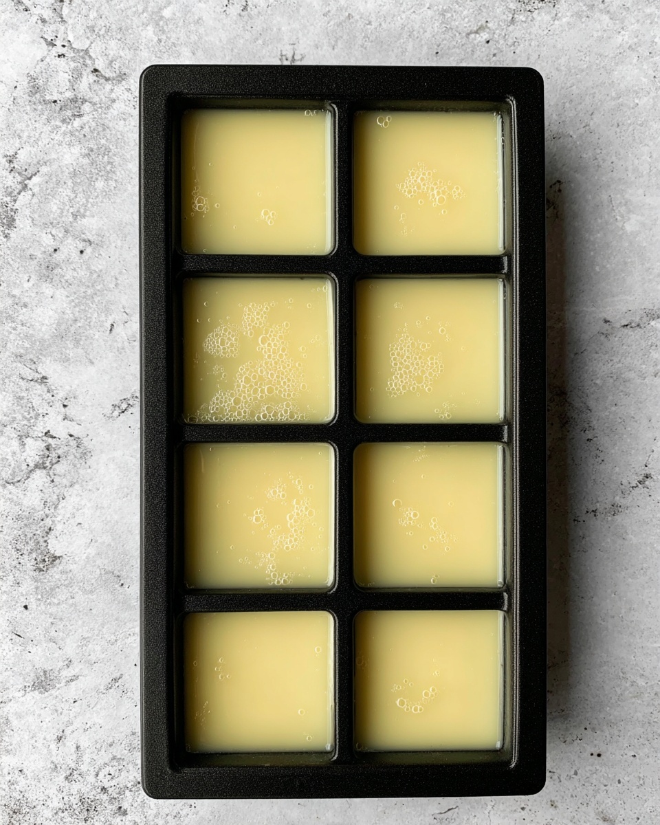 A black rectangular mold with eight square compartments filled evenly with a light yellow liquid that has small bubbles on the surface. The mold is placed on a white marbled textured surface, showing a top-down view of the smooth liquid inside each square section. The simple and clean look emphasizes the uniformity and soft texture of the liquid within the mold. photo taken with an iphone --ar 4:5 --v 7