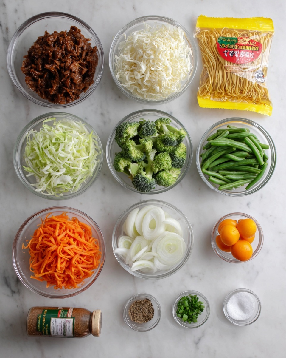 The image shows six clear round bowls and four small containers arranged neatly on a white marbled surface. At the top left, one bowl filled with dark brown cooked meat. To the right, a yellow and red packet of noodles lies flat. Below, from left to right, a bowl with shredded white cabbage, a bowl with green broccoli pieces and slices, and a bowl filled with cut green beans. In the next row below, a bowl with shredded orange carrots is on the left, a bowl with sliced white onions in the middle, and a bowl with small round orange slices on the right. The bottom row shows four small containers: a bottle with brown seasoning, two small round containers with green chopped onions or herbs, a container with ground pepper, and a container filled with white salt. All items are placed carefully on the white marbled texture. Photo taken with an iphone --ar 4:5 --v 7