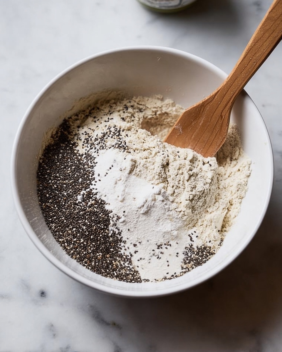 A white mixing bowl filled with dry ingredients layered inside. The bottom layer is light brown flour with a fine texture, on top of it are scattered black chia seeds mainly on one side, and a heap of white powdery flour sits in the middle. There are also small light brown seeds spread on part of the white flour. A wooden spatula rests inside the bowl, touching the mixture, and the scene is set on a white marbled surface. Photo taken with an iphone --ar 4:5 --v 7