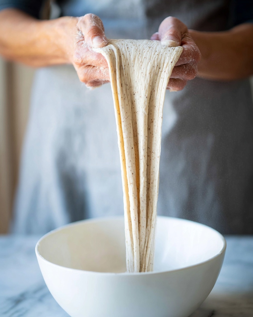 A close-up image showing a woman’s hands stretching sticky, smooth, light beige dough that drapes down in two thick ribbons into a white bowl below. The dough has small pepper-like specks. The background is soft and blurred, featuring a grey apron and a white marbled surface underneath. The focus is on the dough’s stretchy, elastic texture. photo taken with an iphone --ar 4:5 --v 7
