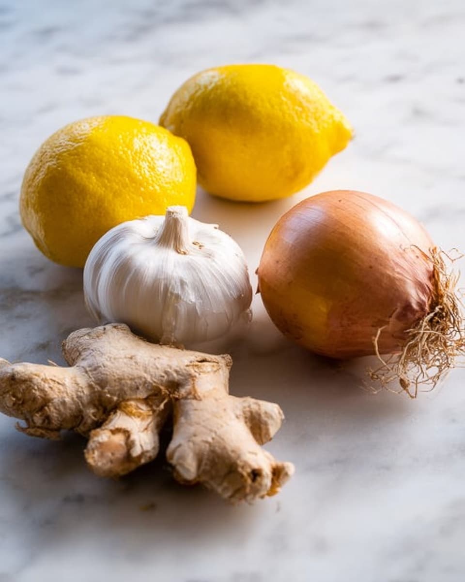 The image shows a close-up of fresh ingredients placed on a white marbled surface. There are two bright yellow lemons positioned near the top center, a light brown onion with visible roots on the right side, a whole bulb of garlic with white dry skin on the left, and a piece of knobbly ginger root with a rough beige texture in the front center. All the ingredients have natural textures and colors that contrast gently with the smooth marble background. photo taken with an iphone --ar 4:5 --v 7