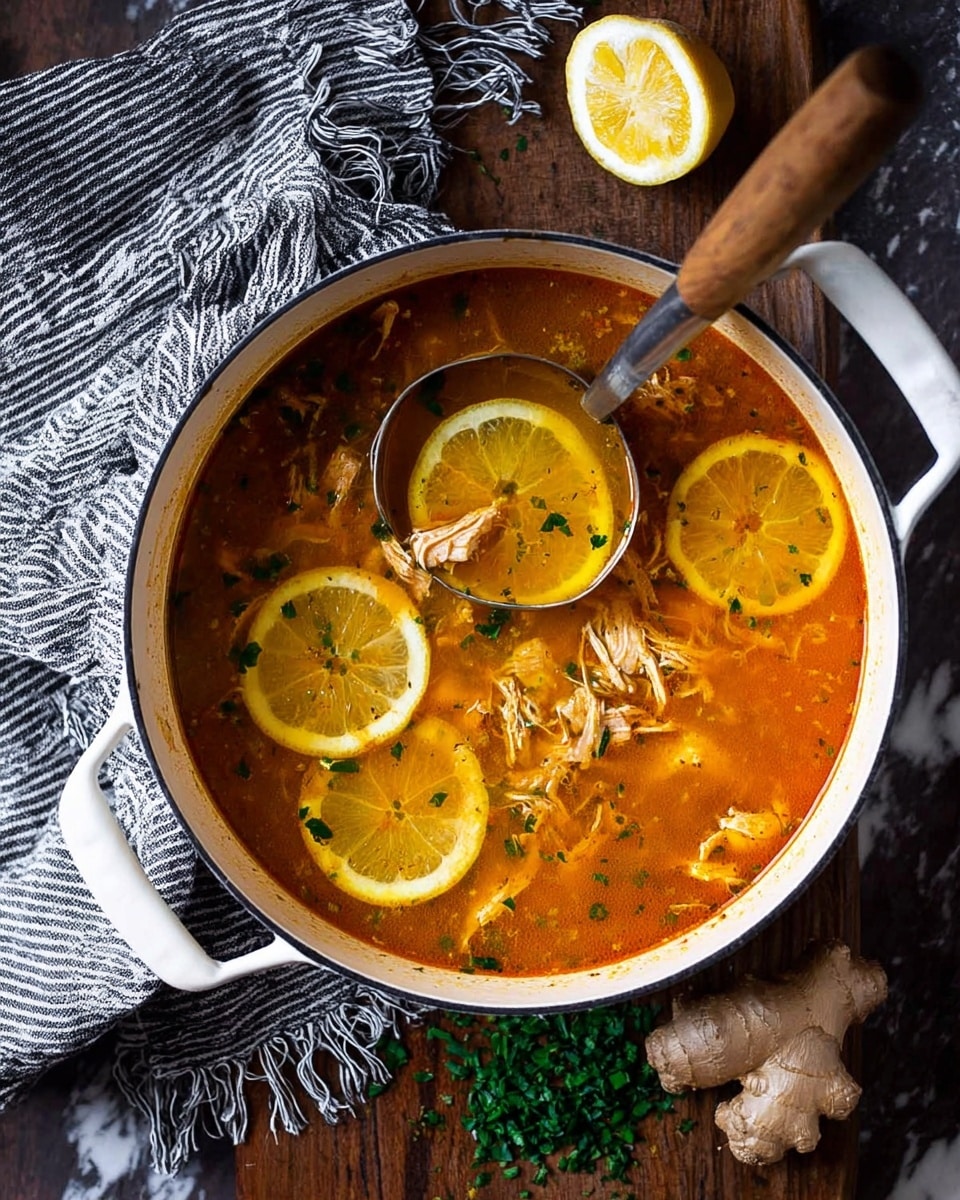 A large white pot filled with a bright orange soup with visible shredded meat and three yellow lemon slices floating on top. The soup is garnished with small pieces of green herbs scattered throughout. A ladle with a metal scoop and a wooden handle is resting inside the pot, slightly lifting some of the soup. Around the pot, there is half a lemon, a piece of ginger root, and more chopped green herbs scattered on a dark wooden surface with a white marbled texture. A striped cloth with fringed edges sits near the pot on the left side. Photo taken with an iphone --ar 4:5 --v 7