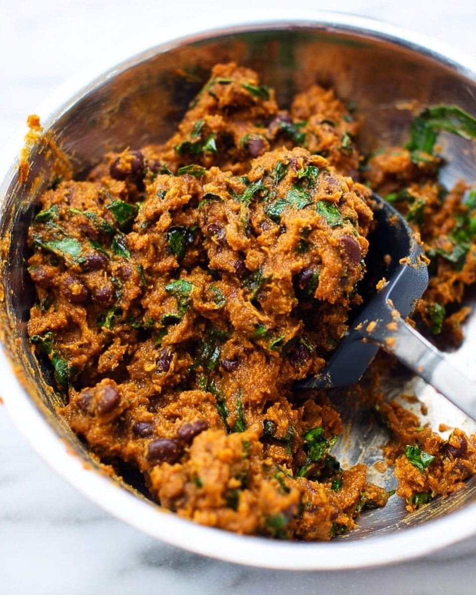 A close-up image shows a metal bowl filled with a chunky orange-brown mixture that has dark brown beans and bright green leaves spread throughout. The texture looks thick and sticky with some rough bits. A black and silver fork is scooping out a clump of the mixture inside the bowl. The bowl sits on a white marbled surface. photo taken with an iphone --ar 4:5 --v 7