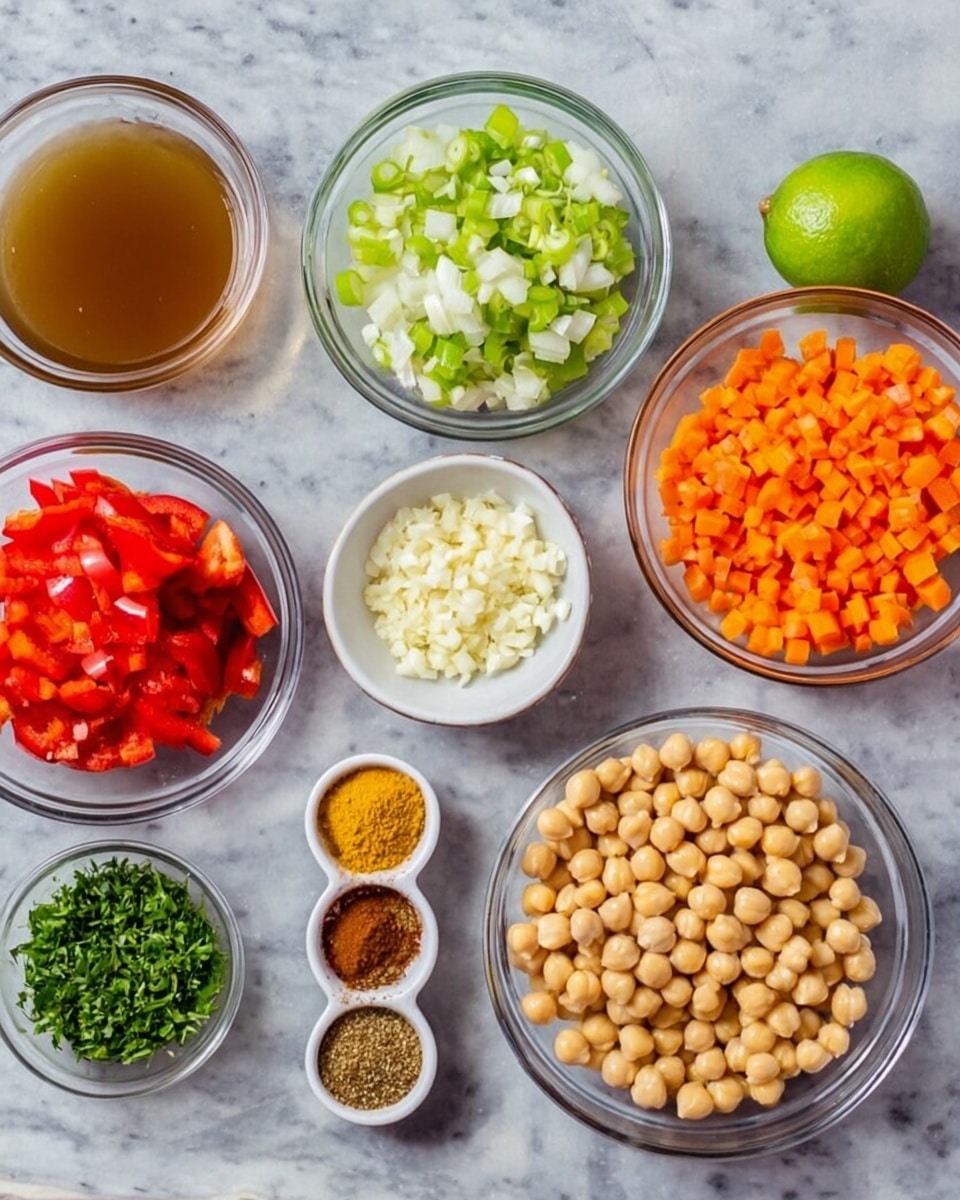 The image shows seven clear glass bowls and two whole green limes placed on a white marbled surface. The top left bowl contains a brown liquid, next to a bowl with chopped green celery and white onions mixed together. To the right is a small bowl filled with finely chopped garlic. Below those, a small white bowl holds four types of spices arranged in separate piles, including red, yellow, light brown, and dark brown powders. To the right is a larger bowl filled with beige chickpeas, and next to it is a bowl with sliced orange carrots and chopped red bell peppers. On the far right, there is a small clear bowl filled with green chopped herbs. photo taken with an iphone --ar 4:5 --v 7