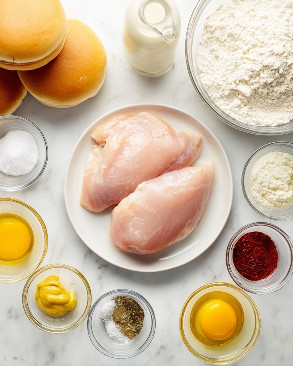 The image shows three raw chicken pieces placed in a neat stack on a white plate in the center. Surrounding the plate on a white marbled surface are small clear glass bowls filled with various colorful ingredients: bright yellow egg yolk, dark red sauce, pale yellow mustard, fine white salt, black ground pepper, reddish paprika, white powdered sugar, and cream-colored mayonnaise. There is also a large glass bowl of white flour, a measuring cup with a pale yellow liquid, a jug with milk, and two golden brown burger buns stacked on the upper left. A woman's hand is reaching from the left side holding a bottle tilted downwards. Photo taken with an iphone --ar 4:5 --v 7