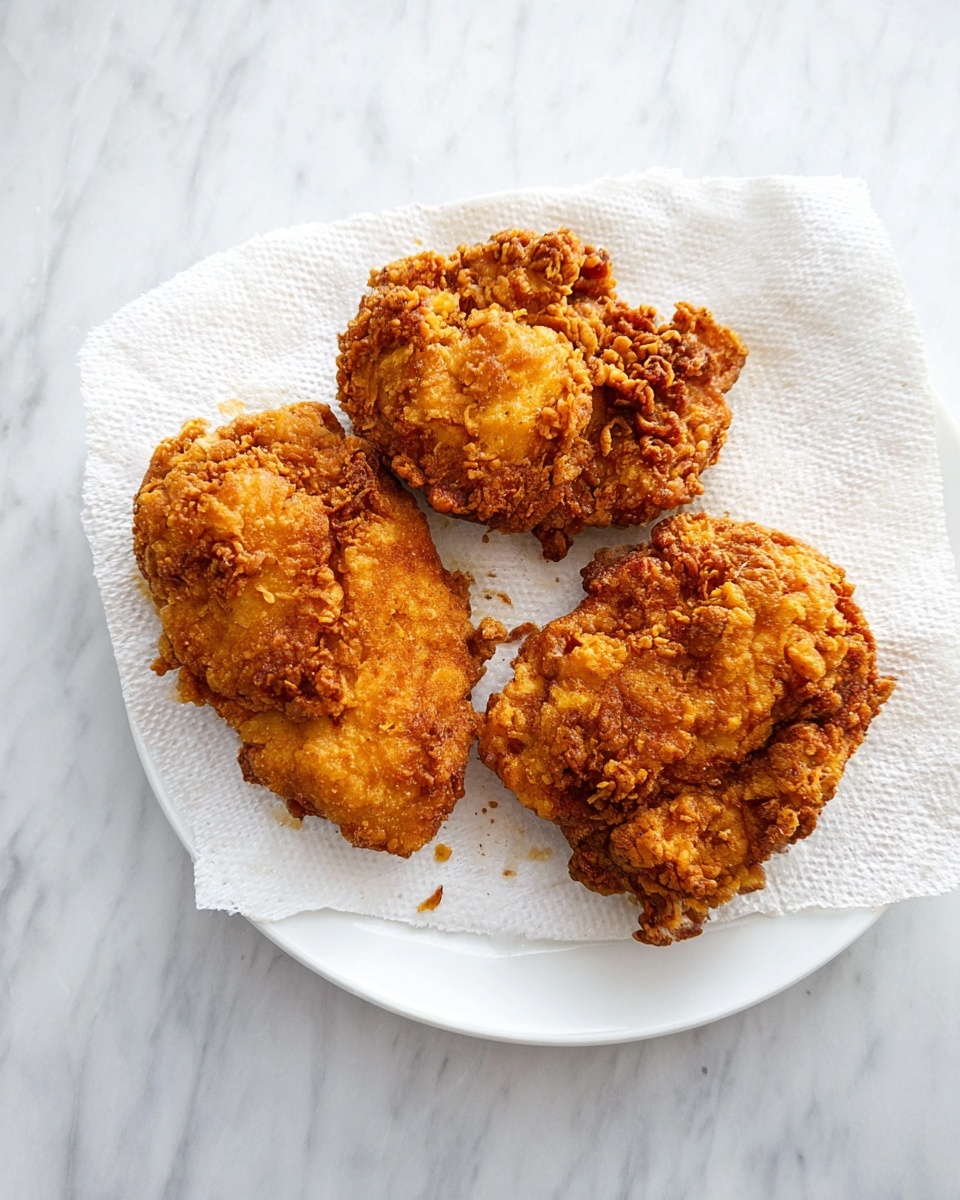 Three pieces of golden brown fried chicken with a crispy textured surface are placed on a white paper towel that covers a white plate. The chicken pieces have an uneven, crunchy coating with some areas darker and more textured than others. The plate sits on a white marbled surface, showing some crumbs around the chicken. photo taken with an iphone --ar 4:5 --v 7