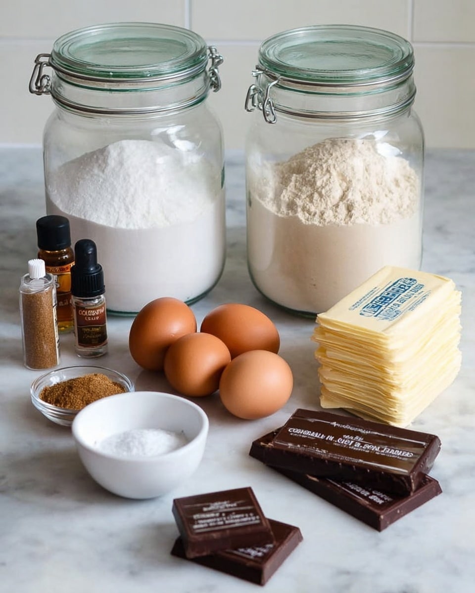 The image shows a white marbled surface with baking ingredients arranged neatly. In the background, there are two large clear glass jars with lids; one filled with white sugar and the other with white flour. In front of the jars, there is a small white bowl with white salt, a small glass bowl with brown sugar, and a small amber bottle of vanilla extract. Four brown eggs sit close together in the center. To the right of the eggs, two sticks of unsalted butter wrapped in light yellow paper are stacked. Next to the butter, there are two dark chocolate bars with a black wrapper and cacao percentage written on them. The scene is clean and simple, highlighting the ingredients. photo taken with an iphone --ar 4:5 --v 7