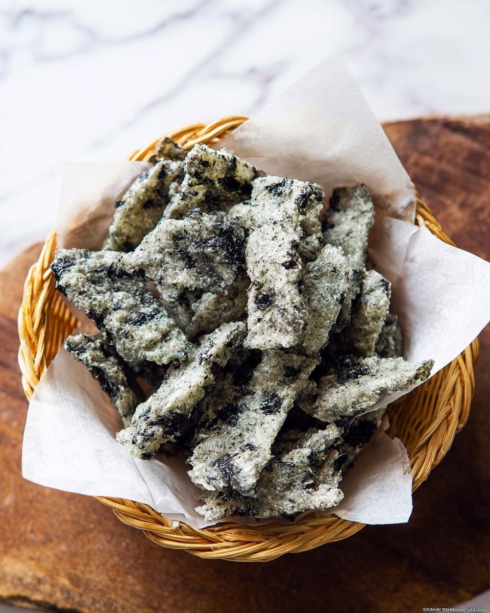 A small round basket filled with pieces of crispy seaweed snacks, each piece light gray with dark green-black patches, showing a rough and bumpy texture. The basket is lined with white parchment paper, and the background shows a white marbled texture. photo taken with an iphone --ar 4:5 --v 7