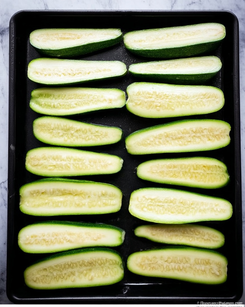 The image shows long, thin slices of green zucchini arranged in two rows on a black baking tray. Each slice is light green on the inside with dark green skin along the edges. The seeds inside the zucchini are visible as small, pale dots, adding a slight texture contrast. The slices are spread out evenly, lying flat on the tray, with a faint shine suggesting they have been brushed with oil. The background beneath the tray has a white marbled texture. photo taken with an iphone --ar 4:5 --v 7