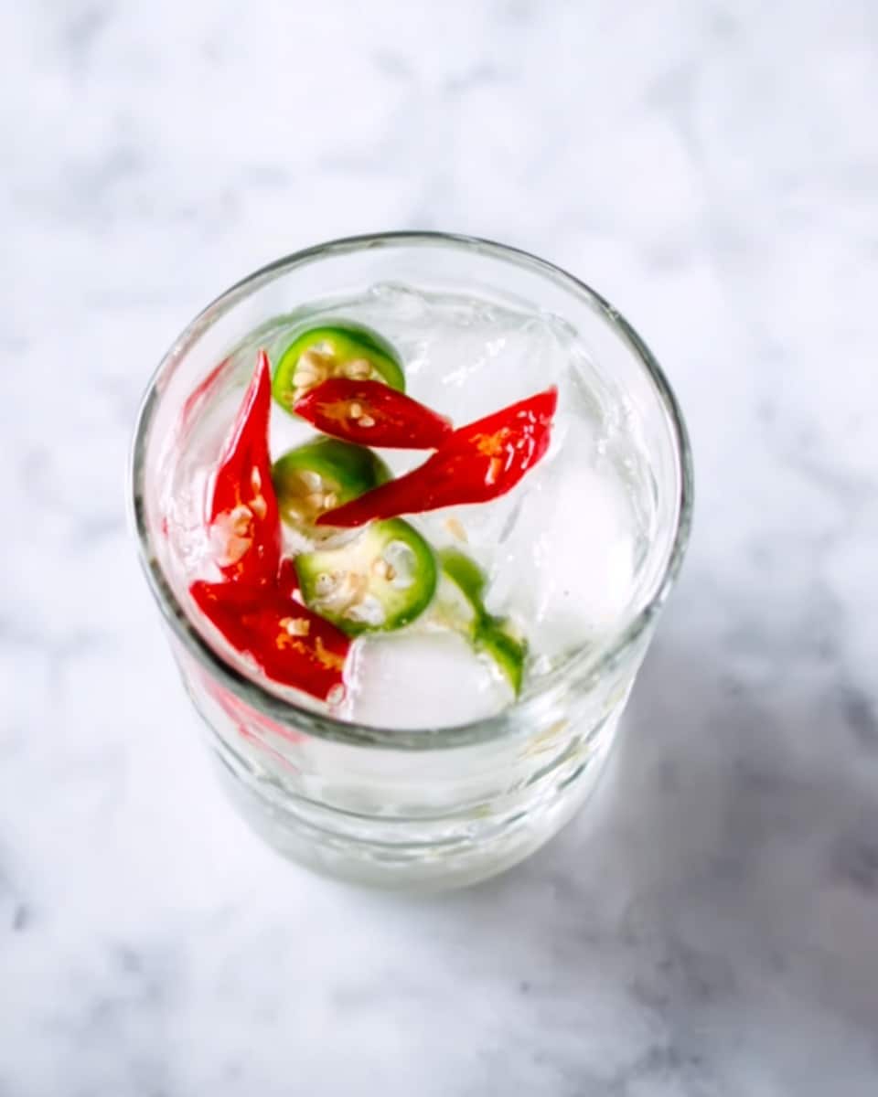 The image shows a clear glass filled with ice cubes and slices of red and green chili peppers floating on top. The glass is placed on a white marbled surface. The ice cubes are translucent with sharp edges, while the chili slices are vibrant with smooth, glossy textures and visible seeds inside. The glass rim is also visible, showing the thickness of the glass. photo taken with an iphone --ar 4:5 --v 7