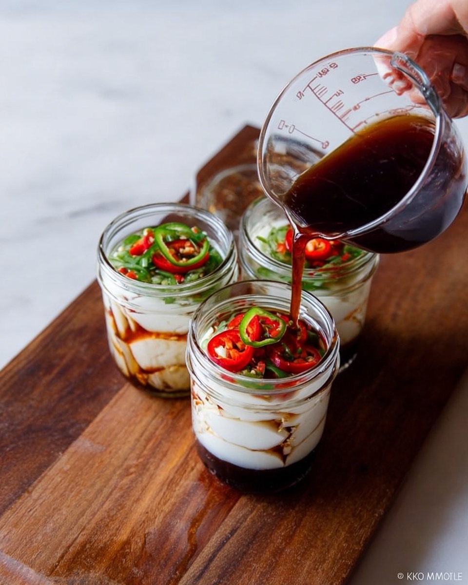 The image shows three clear glass jars placed closely together on a wooden board. Each jar contains thick white slices that look smooth and slightly shiny, layered with slices of red and green chili peppers on top. A woman's hand is holding a clear measuring cup filled with dark brown liquid, pouring it into the jar on the right, where the liquid streams over the white slices and peppers. The jars and board are set on a white marbled surface, giving a clean and bright look. photo taken with an iphone --ar 4:5 --v 7