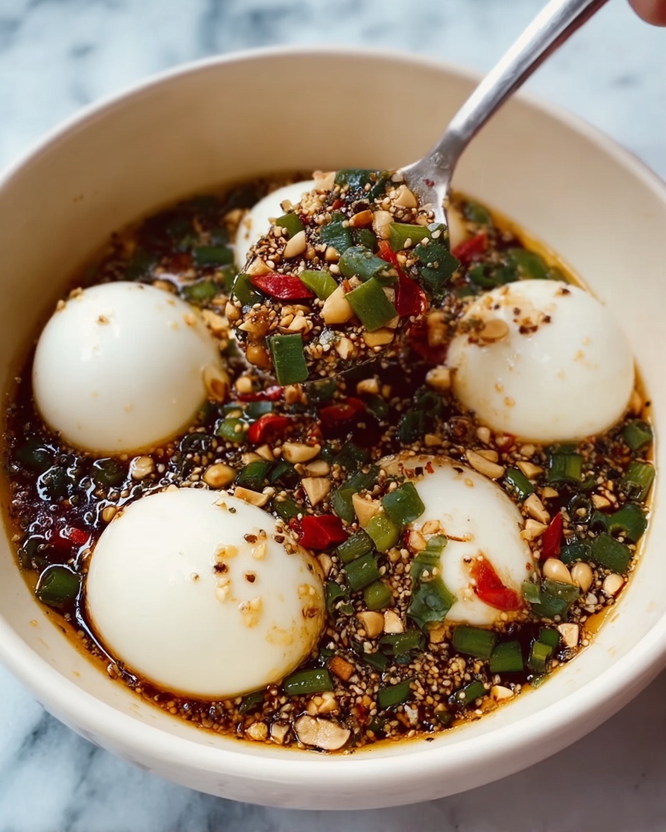 A white bowl filled with four smooth, white boiled eggs resting in a dark, thick sauce mixed with chopped green onions, red chili pieces, crushed nuts, and white sesame seeds. A spoon held by a woman's hand is scooping some sauce and toppings over one egg, showing the mix of textures and small colorful bits. The white marbled surface is visible around the bowl. photo taken with an iphone --ar 4:5 --v 7