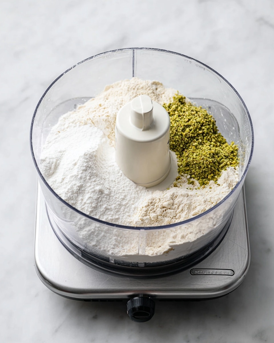 A clear food processor bowl sits on a silver base machine, placed on a white marbled surface. Inside the bowl, there are three visible layers of dry ingredients: a large amount of off-white flour covering most of the bowl's bottom, a smaller mound of bright white powdered sugar on the left side, and a pile of finely ground green pistachio nuts on the right side near the center. The white plastic blade holder is in the middle, rising above the dry ingredients. Photo taken with an iphone --ar 4:5 --v 7