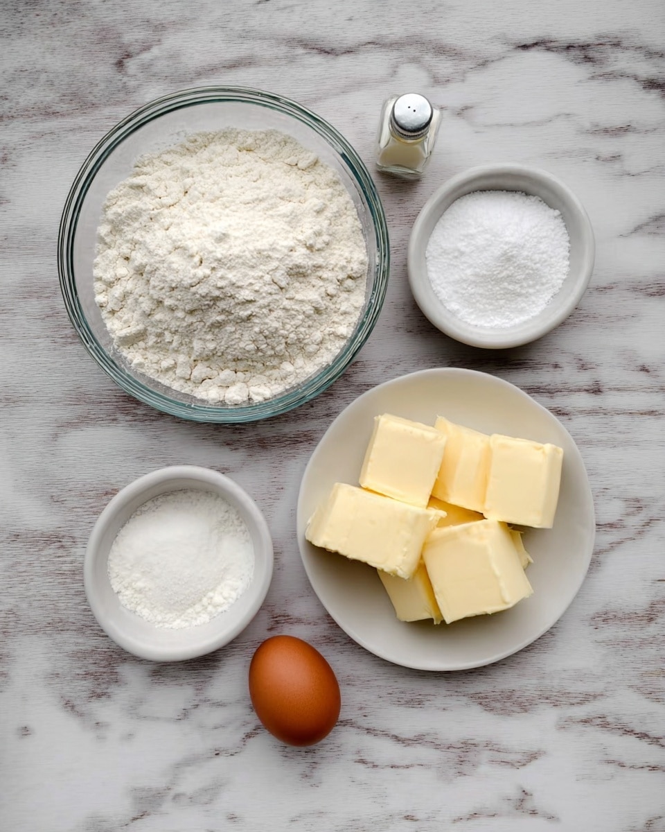 A top view of baking ingredients placed on a white marbled surface: a clear glass bowl with a heap of white flour in the upper left, a small white bowl containing white powdered sugar below it, a white bowl on the right holding several soft yellow butter blocks, a brown egg positioned between the bowls at the bottom center, and a small bottle with a white cap next to the butter bowl on the top right. photo taken with an iphone --ar 4:5 --v 7
