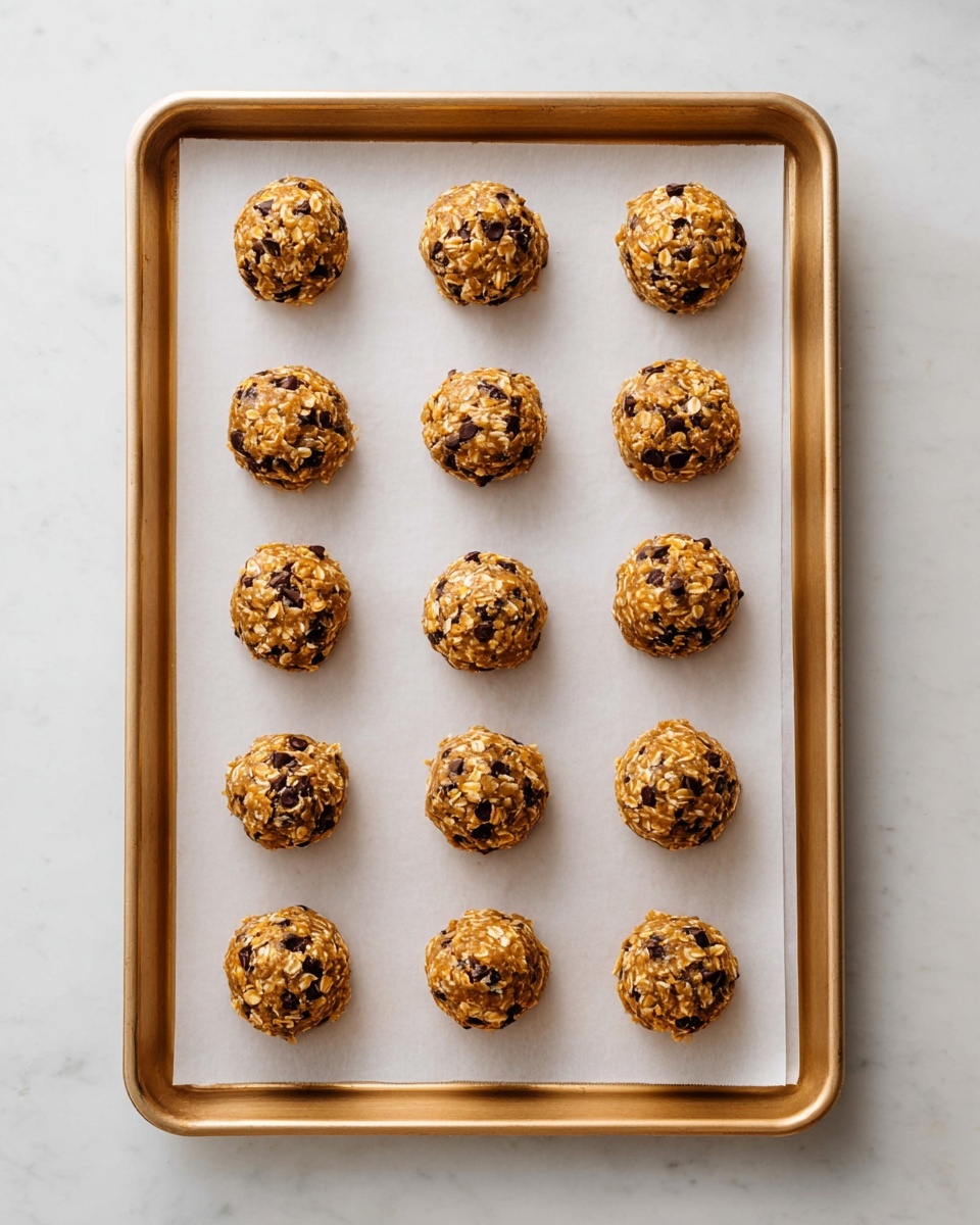 A baking tray lined with white parchment paper holds 12 round cookie dough balls evenly spaced in a 3 by 4 grid. Each cookie dough ball is golden brown with visible oats and small dark chocolate chips mixed throughout, giving them a rough textured look. The tray rests on a white marbled surface, and the cookie dough balls have a slightly shiny, sticky appearance. photo taken with an iphone --ar 4:5 --v 7