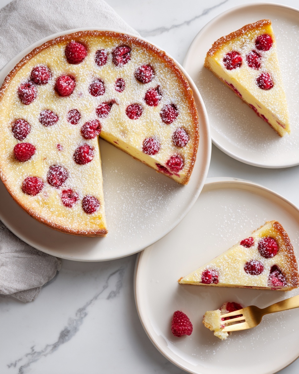 The image shows a round tart with a golden brown crust that has a slightly crumbly texture, filled with a light yellow custard-like layer dotted with bright red raspberries scattered evenly on top. The tart is dusted with white powdered sugar, adding a soft, snowy look. Two slices of the tart sit on white plates beside the larger tart; one slice reveals its thick custard layer and raspberry pieces, while the other slice has a small bite taken from it with a gold fork resting on the plate. The whole scene is set on a white marbled surface, giving a clean and bright background. photo taken with an iphone --ar 4:5 --v 7