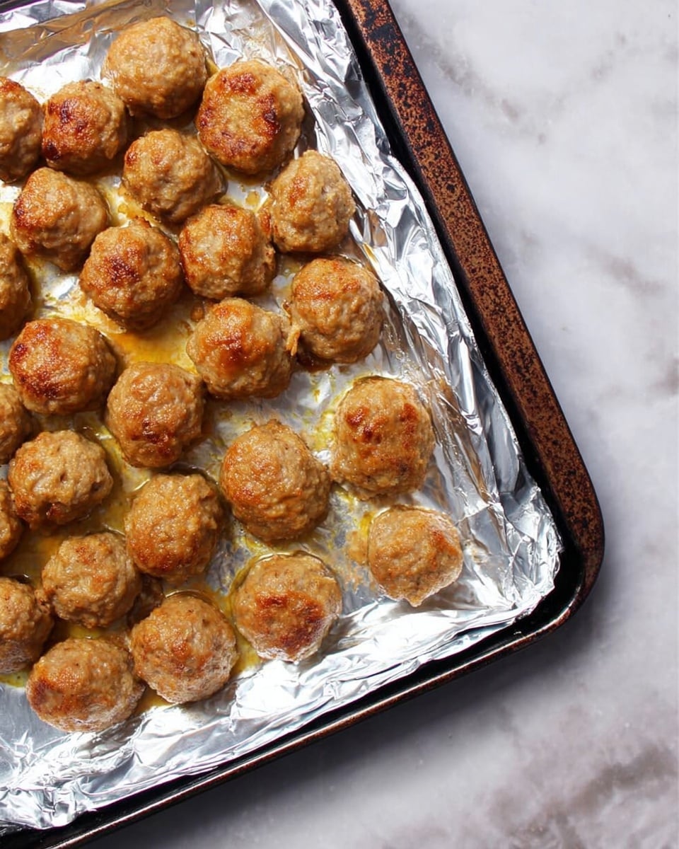 A metal baking tray lined with shiny silver foil holds about 20 golden brown baked meatballs. The meatballs have a slightly rough texture with small bits visible, and they are unevenly shaped but round. The tray edges are dark and slightly worn, showing signs of use. The tray sits on a white marbled surface with a soft light highlighting the warm tones of the meatballs. Photo taken with an iphone --ar 4:5 --v 7