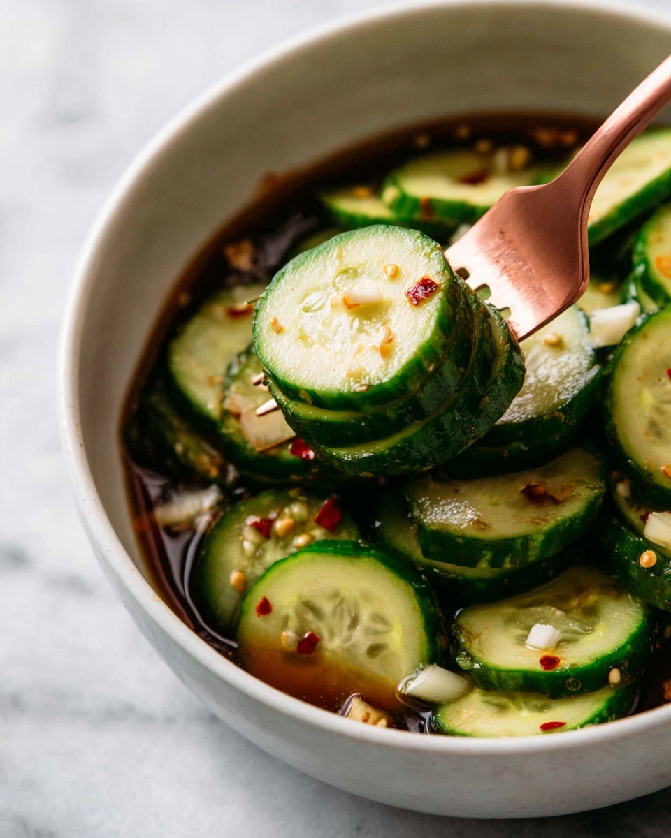 The image shows a close-up of thin cucumber slices with dark green skin and light green inside, arranged in a white bowl filled with a dark brown liquid. Small bits of white pieces and red chili flakes are scattered over the cucumbers. A copper-colored fork is lifting a stack of six cucumber slices from the bowl. The background is a white marbled surface. photo taken with an iphone --ar 4:5 --v 7