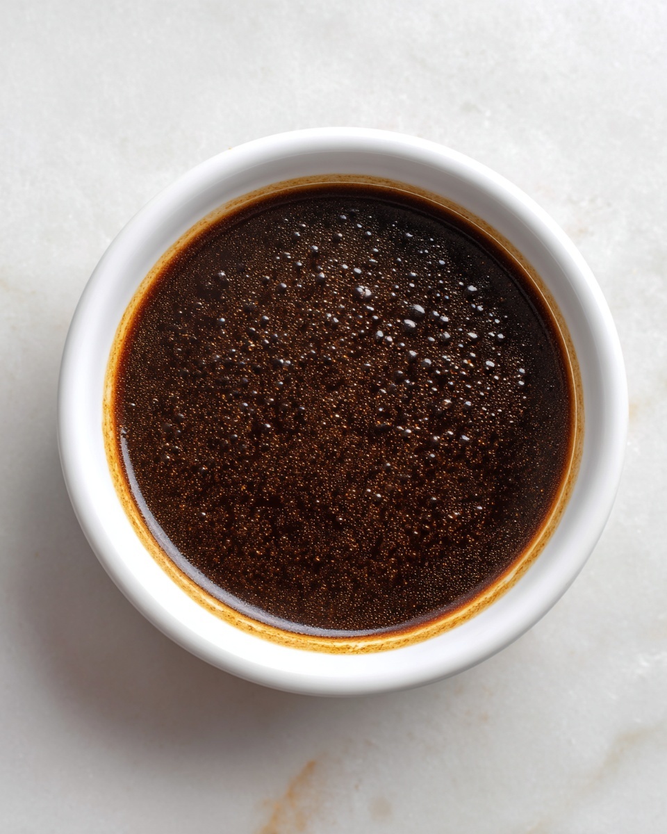 A white round bowl sits on a white marbled surface, filled with a dark brown liquid sauce that has a glossy, syrupy texture. Tiny bubbles cover the top of the sauce, creating a slightly uneven surface. The edges of the liquid show a thin golden outline where it meets the bowl. The image is taken from above, clearly showing the smooth round shape of the bowl and the rich texture of the sauce inside photo taken with an iphone --ar 4:5 --v 7