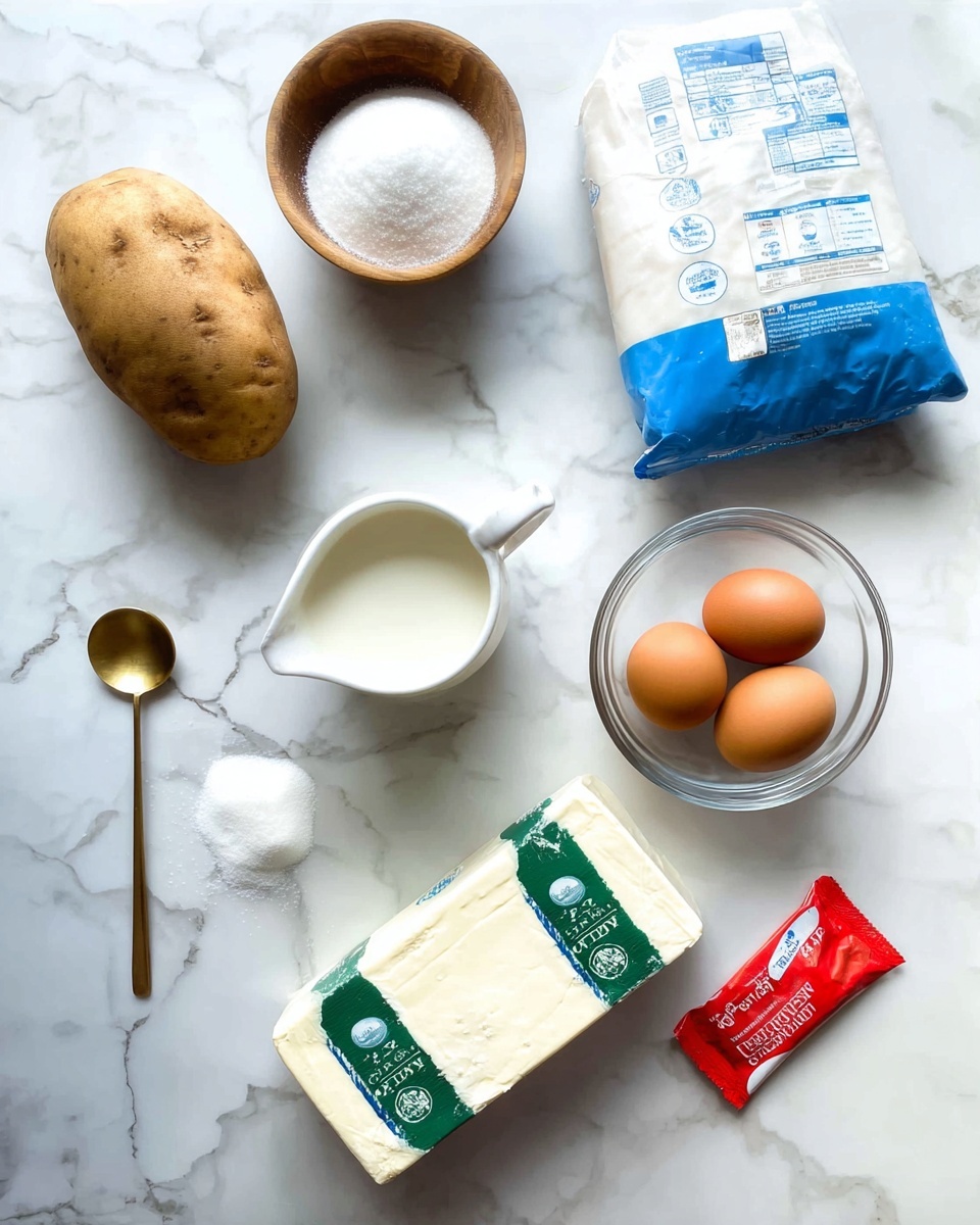 The image shows several ingredients arranged neatly on a white marbled surface. On the top left, there is a small wooden bowl filled with white sugar. Below it, a large brown potato sits to the left. A small brass spoon holds white salt near the bottom left corner. Towards the top right, a blue and white bag of flour lies flat. In the middle, a small white ceramic jug filled with milk is placed near a clear glass bowl holding two brown eggs. At the bottom center, a rectangular block of cream cheese wrapped in white packaging with green labels is visible, and next to it on the right, there is a small red packet of baking powder. The whole arrangement looks clean and organized, with no clutter. photo taken with an iphone --ar 4:5 --v 7