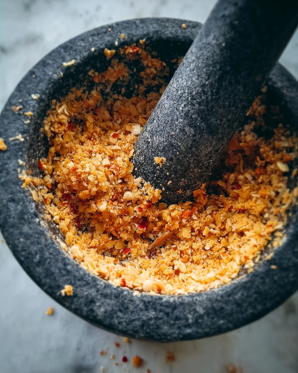 A close-up view of a dark grey stone mortar filled with crushed orange and light brown coarse ingredients, showing small bits of red and white mixed in. A matching dark grey pestle stands upright in the middle, pressed down into the mixture, with some crushed bits sticking to its surface. The texture looks rough and crumbly, with uneven small pieces spread around inside the mortar. The setting is a white marbled surface. Photo taken with an iphone --ar 4:5 --v 7