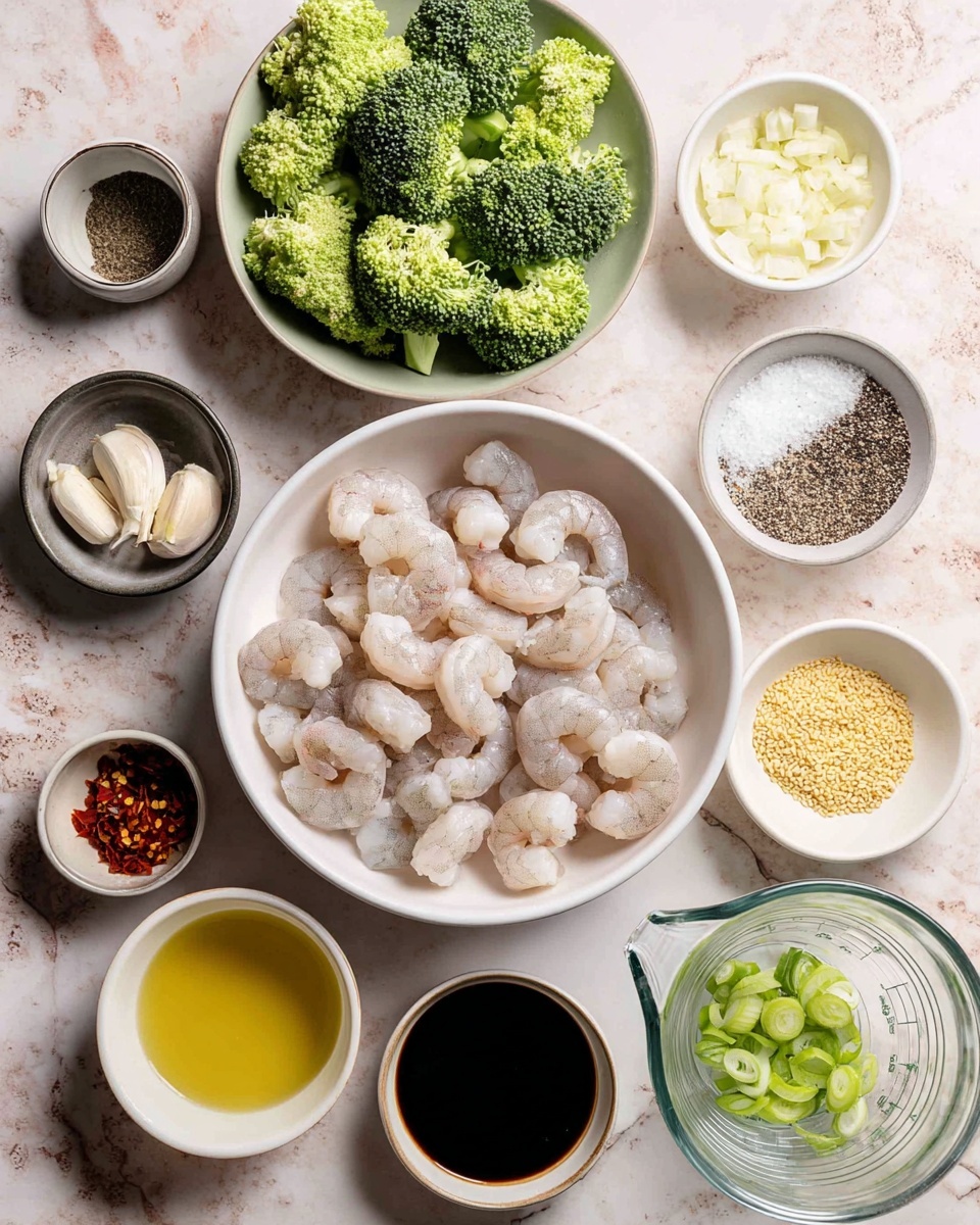 In the image, there is one large white bowl in the center filled with raw peeled shrimp, showing pinkish-gray and white shades with a soft texture. Surrounding it are smaller white bowls arranged around it: one filled with bright green broccoli florets on the top left, another containing chopped white garlic on the top right, a bowl with mixed black and white pepper and salt, and a bowl of plain white salt. Below these are a bowl of light yellow oil, a bowl of dark soy sauce, and a bowl with red chili flakes. There is a small bowl with yellow minced ginger, one with small white sesame seeds, and a bowl with sliced green onions next to a glass measuring cup filled with clear water. The ingredients are all on a white marbled surface. Photo taken with an iphone --ar 4:5 --v 7