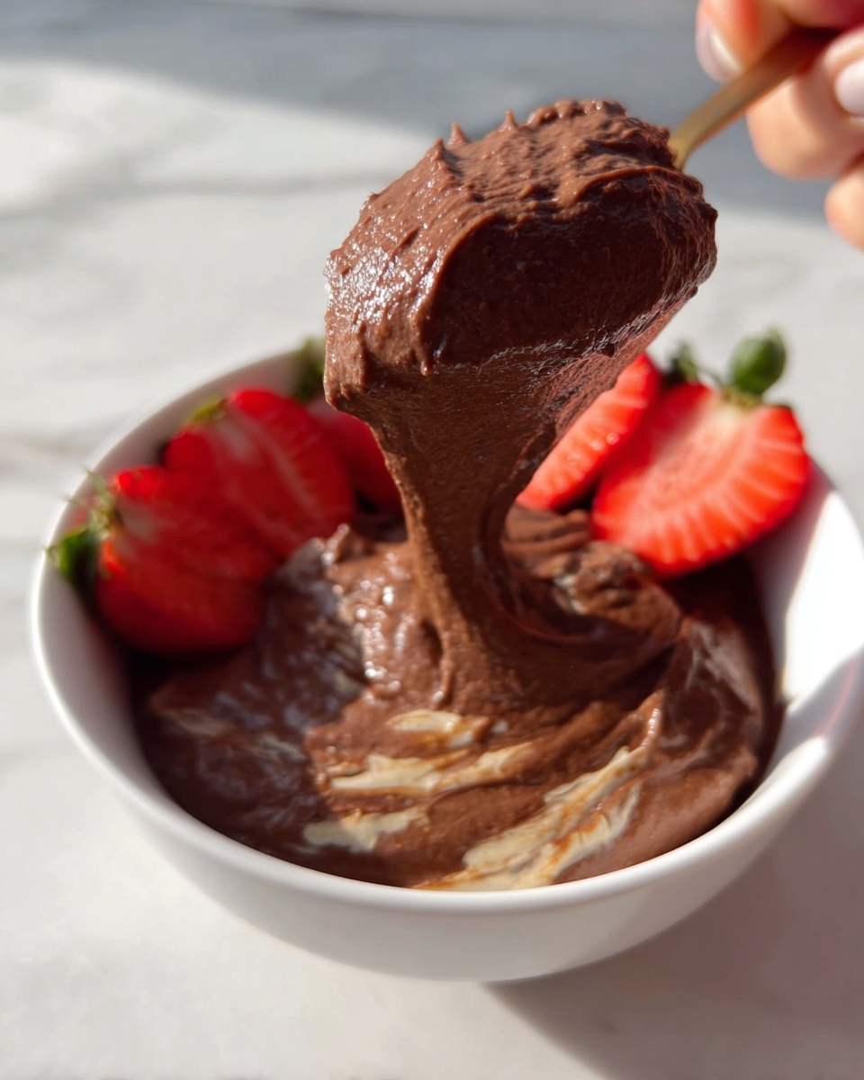 A white bowl filled with a creamy dark brown mousse with a thick, smooth texture being lifted by a woman's hand, showing the stretchy and dense consistency. There are light tan swirls mixed in the mousse, adding a soft contrast, and around the edges of the bowl are fresh red strawberry slices with visible seeds and green tops. The bowl sits on a white marbled surface with soft natural light highlighting the shiny and textured mousse. Photo taken with an iphone --ar 4:5 --v 7