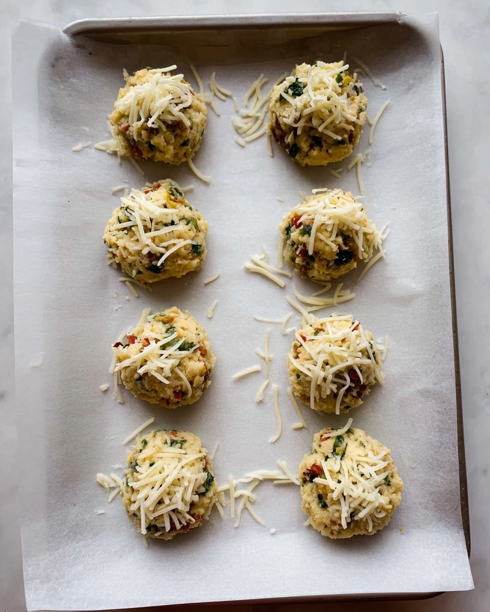 The image shows eight small, round dough pieces arranged in two columns on a white parchment-lined baking tray. Each dough piece has visible green, red, and yellow bits mixed in, topped with a layer of shredded white cheese. The dough appears textured and chunky, with cheese strands scattered unevenly on top. The tray is placed on a white marbled surface, creating a clean and bright background. photo taken with an iphone --ar 4:5 --v 7