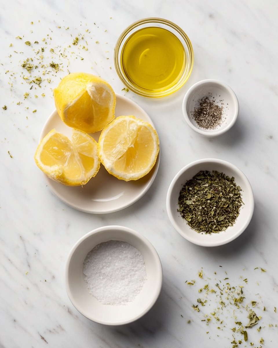 The image shows a top-down view of five small white dishes arranged on a white marbled surface. One dish holds three lemon pieces: one half and two smaller slices, each showing bright yellow skin and pale yellow flesh. A small glass bowl filled with golden olive oil sits near the top center. To the right is a small glass bowl with crushed black pepper. A white round dish contains dried green herbs, while a shallow white bowl near the bottom left is filled with coarse white salt. Small green herb bits are scattered around the dishes on the surface. Photo taken with an iphone --ar 4:5 --v 7