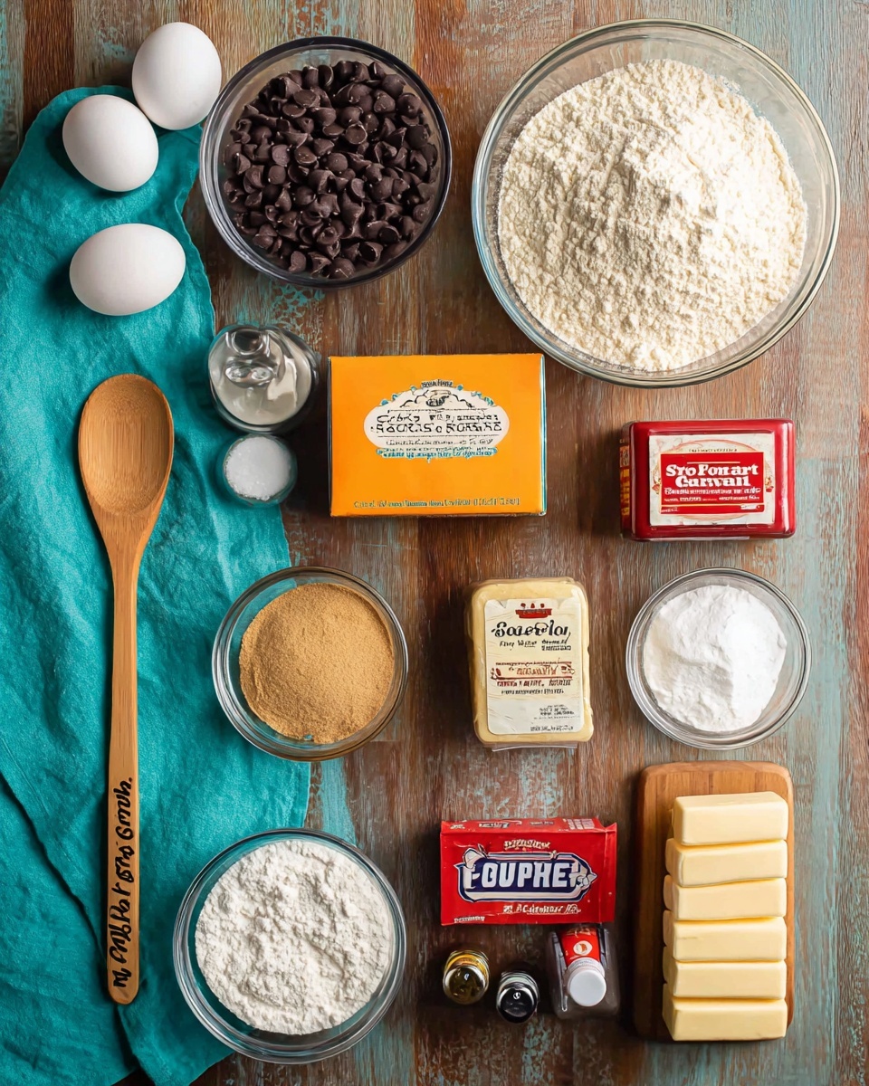 The image shows a top-down view of various baking ingredients neatly arranged on a wooden surface with a white marbled texture. At the top right, there is a large glass bowl filled with pale flour. To the left of it is a smaller glass bowl filled with dark brown chocolate chips. Two white eggs rest near the top left corner. Below the eggs, a wooden spoon with