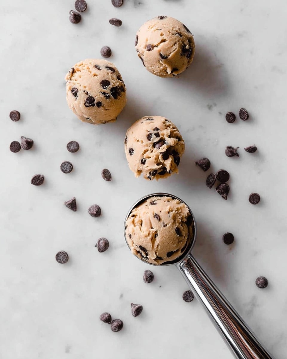 There are four round scoops of light brown cookie dough with dark chocolate chips visible within each scoop. Three scoops lay directly on a white marbled surface, while one scoop is held in a shiny silver ice cream scoop tool with a handle extending to the right side of the image. Around the dough scoops, many small, round dark chocolate chips are scattered loosely across the white marbled surface. The whole scene is simple and clean, focusing on the dough and chips with soft natural light. photo taken with an iphone --ar 4:5 --v 7