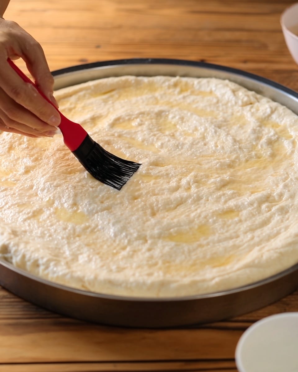 A thick, pale yellow dough with small air bubbles is spread evenly in one layer on a round silver tray, sitting on a wooden surface. A woman's hand is brushing the dough’s surface with a silicone brush, adding a shiny coating. The dough looks soft and puffy, with raised edges forming a border around it. The background has a white marbled texture. Photo taken with an iphone --ar 4:5 --v 7
