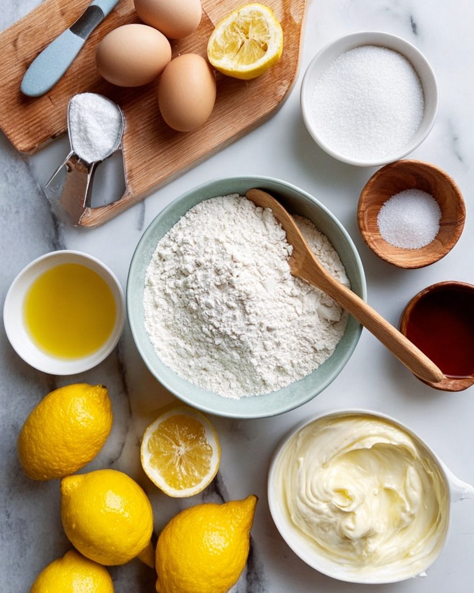 The image shows a white bowl filled with dry flour and a wooden spoon resting inside, placed on a white marbled surface. Around the bowl, there are whole bright yellow lemons and halved lemons with visible seeds and juicy insides. To the left, there is a small wooden cutting board with a gray-handled knife resting on it. Nearby, a clear glass bowl is filled with white sugar, and a smaller wooden bowl contains a pinch of salt. A white bowl with smooth, thick white cream and a spoon inside sits near two whole brown eggs. There is also a small white dish with dark liquid. A clear glass bowl filled with golden yellow oil adds a warm tone to the setup. The photo captures a fresh and clean look with a variety of textures and colors. photo taken with an iphone --ar 4:5 --v 7