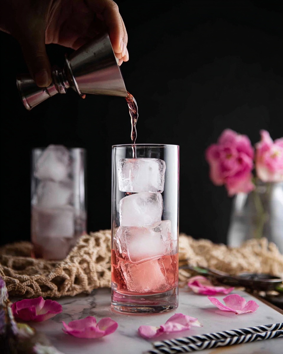 The image shows a clear tall glass on a white marbled surface, filled with four large ice cubes stacked vertically. At the bottom of the glass, there is a thin layer of pink liquid. A woman's hand is pouring more pink liquid into the glass from a small metal jigger above. Around the glass are scattered pink rose petals and a beige crocheted cloth. In the background, there's a glass vase with pink flowers and another similar tall glass with ice cubes. Two black and white striped straws lie on the surface near the glass. The dark background contrasts with the bright details. photo taken with an iphone --ar 4:5 --v 7