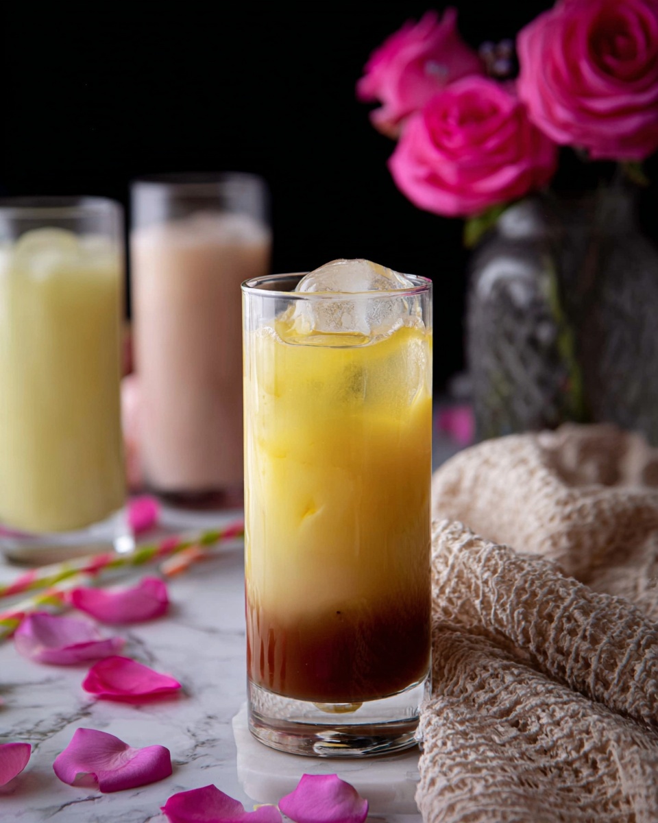 The image shows a tall clear glass filled with a layered drink. The bottom layer is a dark amber color, smooth and thick, followed by a thick bright yellow layer above it. The top layer is light yellow, almost pale and slightly foamy with a large clear ice cube floating in it. The glass is set on a white marbled surface with scattered pink rose petals around and a knitted beige cloth in the background. Two striped paper straws lie in front of the drink. In the background, two more similar tall glasses with layered drinks sit slightly out of focus, one pale yellow and the other pinkish. Pink rose flowers in a clear vase are also visible. Photo taken with an iphone --ar 4:5 --v 7