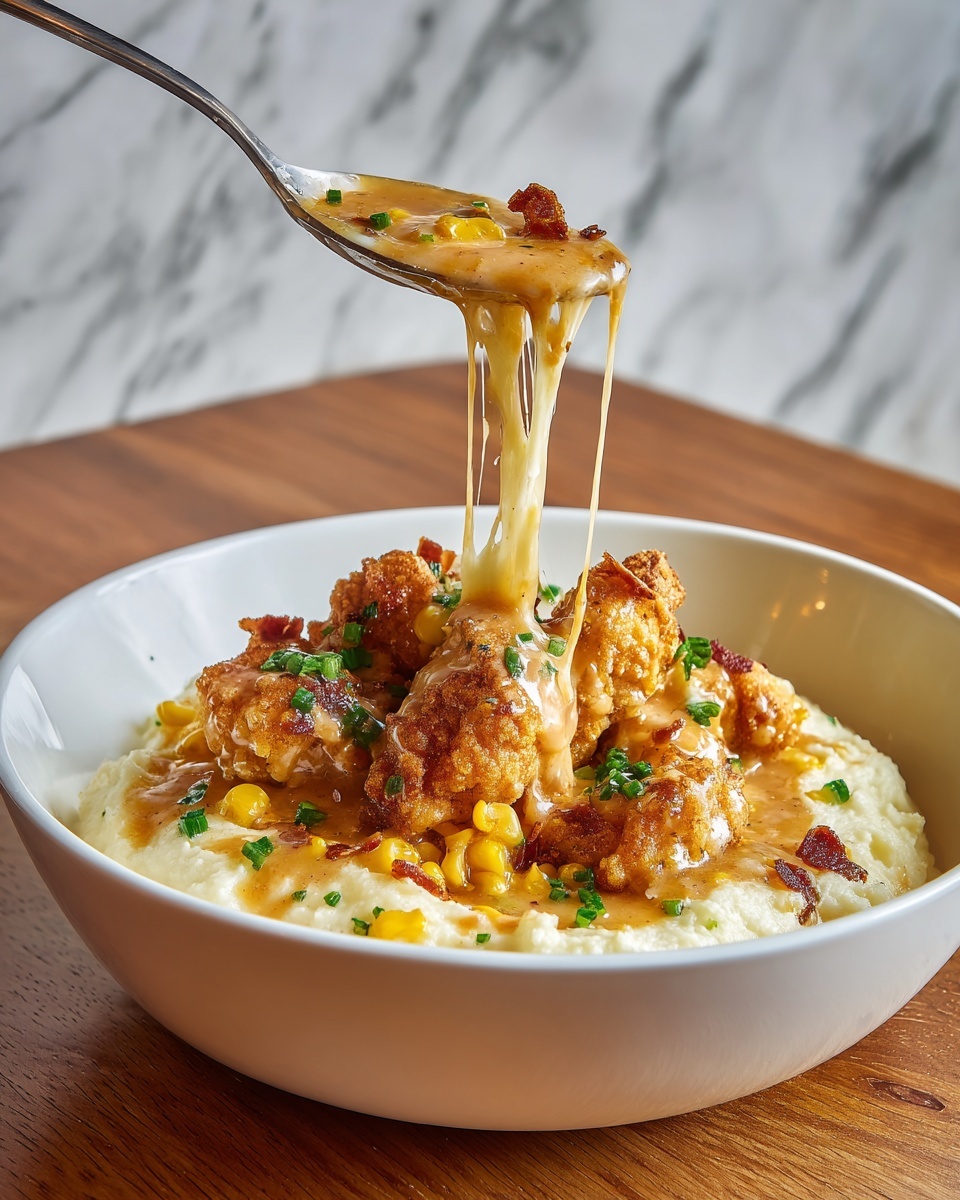 The dish shows a white bowl filled with three main layers: a smooth, creamy white mashed layer at the bottom, topped with a golden yellow corn scattered over it, and several pieces of brown fried chicken with a crispy texture placed on top. The chicken pieces are covered with a thick, shiny brown gravy that drips slightly over the sides. A spoon is lifting a piece of chicken, with gooey cheese stretching from the bowl as the gravy and corn cling to it. Some small green herb bits are sprinkled on top, adding a touch of color. The bowl sits on a wooden table with a white marbled texture background visible around it. photo taken with an iphone --ar 4:5 --v 7