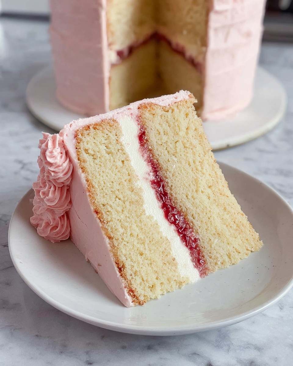 A slice of three-layer light yellow cake with two layers of white cream and thin red jam between them sits on a white plate, showing soft, moist texture inside. The slice is covered with smooth light pink frosting on the outside, with a small decorative swirl of the same pink frosting on the side near the top. The background is a white marbled surface with the rest of the whole cake in light pink frosting slightly blurred behind the slice. Photo taken with an iphone --ar 4:5 --v 7