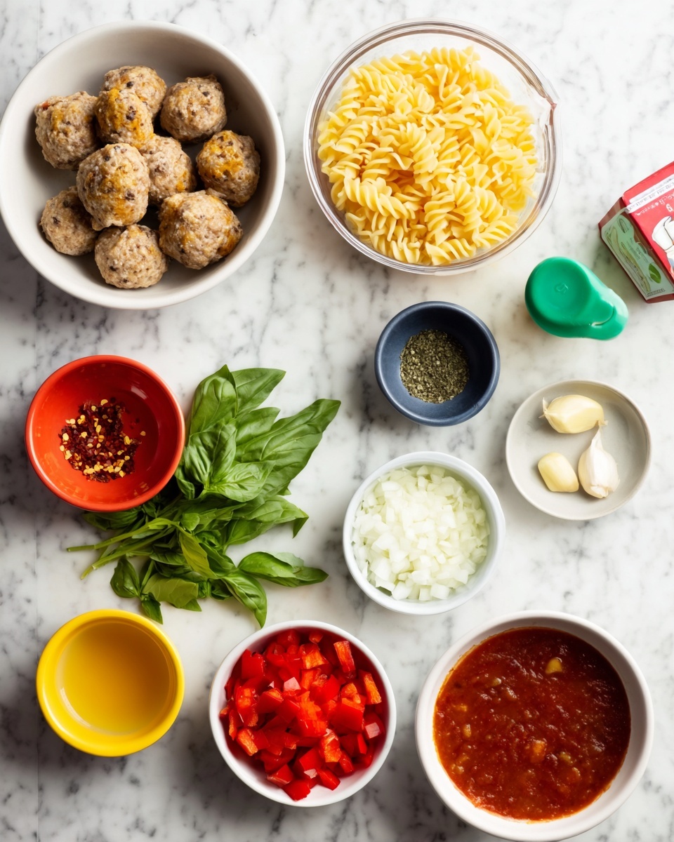 The image shows several dishes and ingredients arranged neatly on a white marbled surface. At the top left, there is a white bowl filled with golden brown meatballs. Below and slightly to the right, there is a clear measuring cup with cooked spiral pasta in a pale yellow color. Below the pasta, a bunch of fresh green basil leaves lies on the surface. To the right of the basil, a white bowl contains finely chopped white onions. Next to the onion bowl, a smaller dark blue bowl holds minced garlic. Further right, there is a small red bowl filled with dried green herbs, likely Italian seasoning. Above that, on the right side, a white bowl contains a rich, dark red tomato sauce with visible chunks. At the bottom center, there is a white bowl with chopped red bell peppers. To the left of it, a small yellow bowl has red chili flakes. A clear glass measuring cup with light amber olive oil is placed between the onion and pasta bowls. Two cartons of broth, one partially open with a green pouring spout, are at the top right corner. The items are spaced evenly and presented clearly with good lighting. Photo taken with an iphone --ar 4:5 --v 7