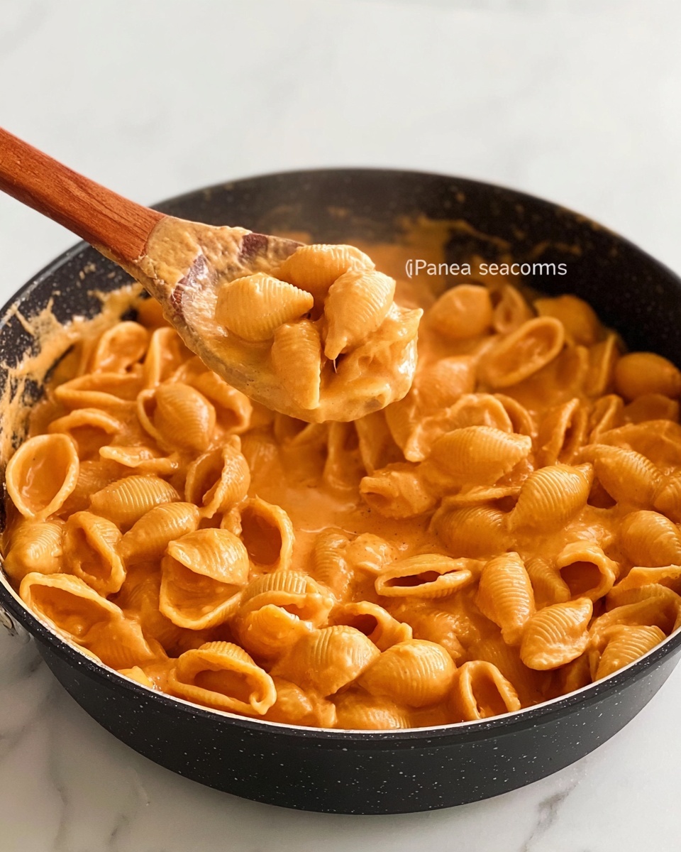 The image shows a black pan full of small shell pasta covered in a creamy orange sauce. The sauce looks smooth and thick, evenly coating each shell. A wooden spoon lifts a portion of the pasta, showcasing the smooth texture and rich color of the sauce. The pan is placed on a white marbled surface, and steam rises slightly from the hot pasta. The overall look is warm and comforting, with the shiny sauce highlighting the curve of the pasta shells. photo taken with an iphone --ar 4:5 --v 7